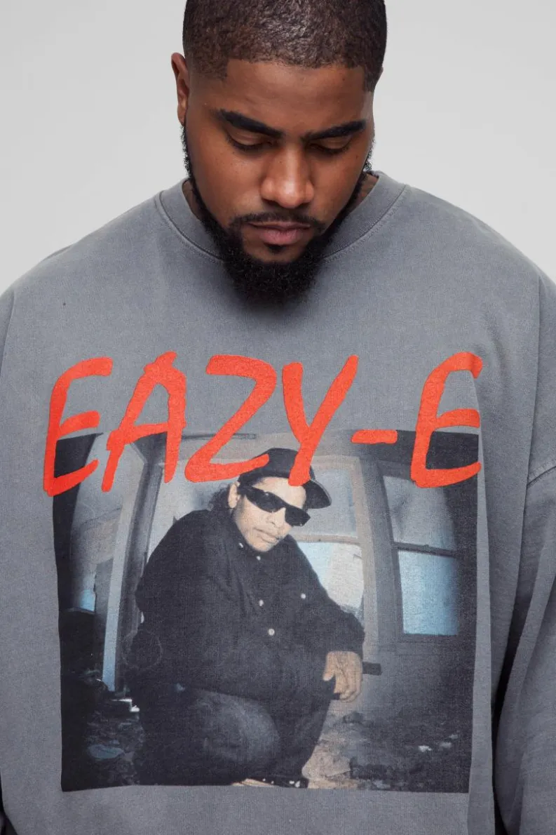 Cheap boohooMAN Plus Oversized Eazy-E Wash License Print Sweatshirt charcoal