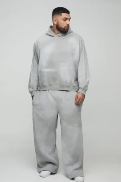 New boohooMAN Plus Oversized Embroidered Spray Wash Wide Fit Boxer Jogger Tracksuit grey