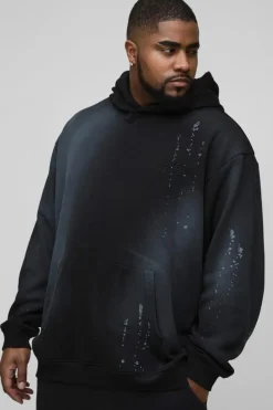Shop boohooMAN Plus Oversized Embroidered Spray Wash Hoodie black