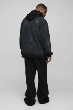 Shop boohooMAN Plus Oversized Embroidered Spray Wash Hoodie black