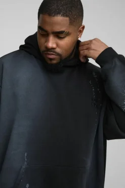 Shop boohooMAN Plus Oversized Embroidered Spray Wash Hoodie black