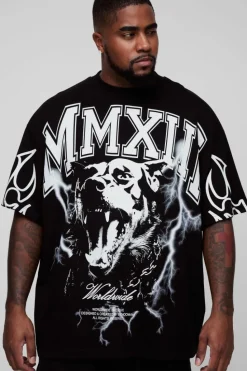 Outlet boohooMAN Plus Oversized Extended Neck MXII Large Scale Print T-Shirt black
