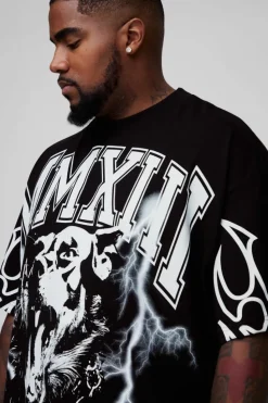 Outlet boohooMAN Plus Oversized Extended Neck MXII Large Scale Print T-Shirt black