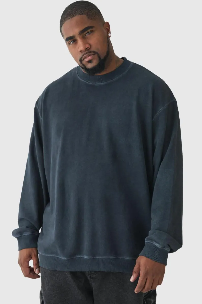Best Sale boohooMAN Plus Oversized Extended Neck Acid Wash Sweatshirt black