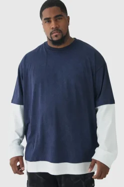 Hot boohooMAN Plus Oversized Faux Long Sleeve Acid Wash T-Shirt charcoal