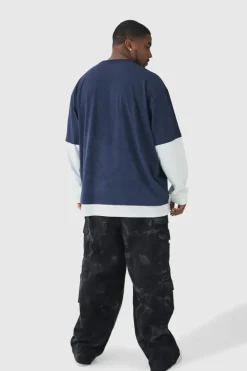 Hot boohooMAN Plus Oversized Faux Long Sleeve Acid Wash T-Shirt charcoal