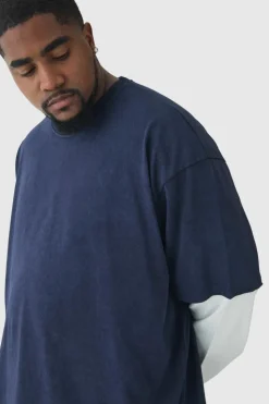 Hot boohooMAN Plus Oversized Faux Long Sleeve Acid Wash T-Shirt charcoal