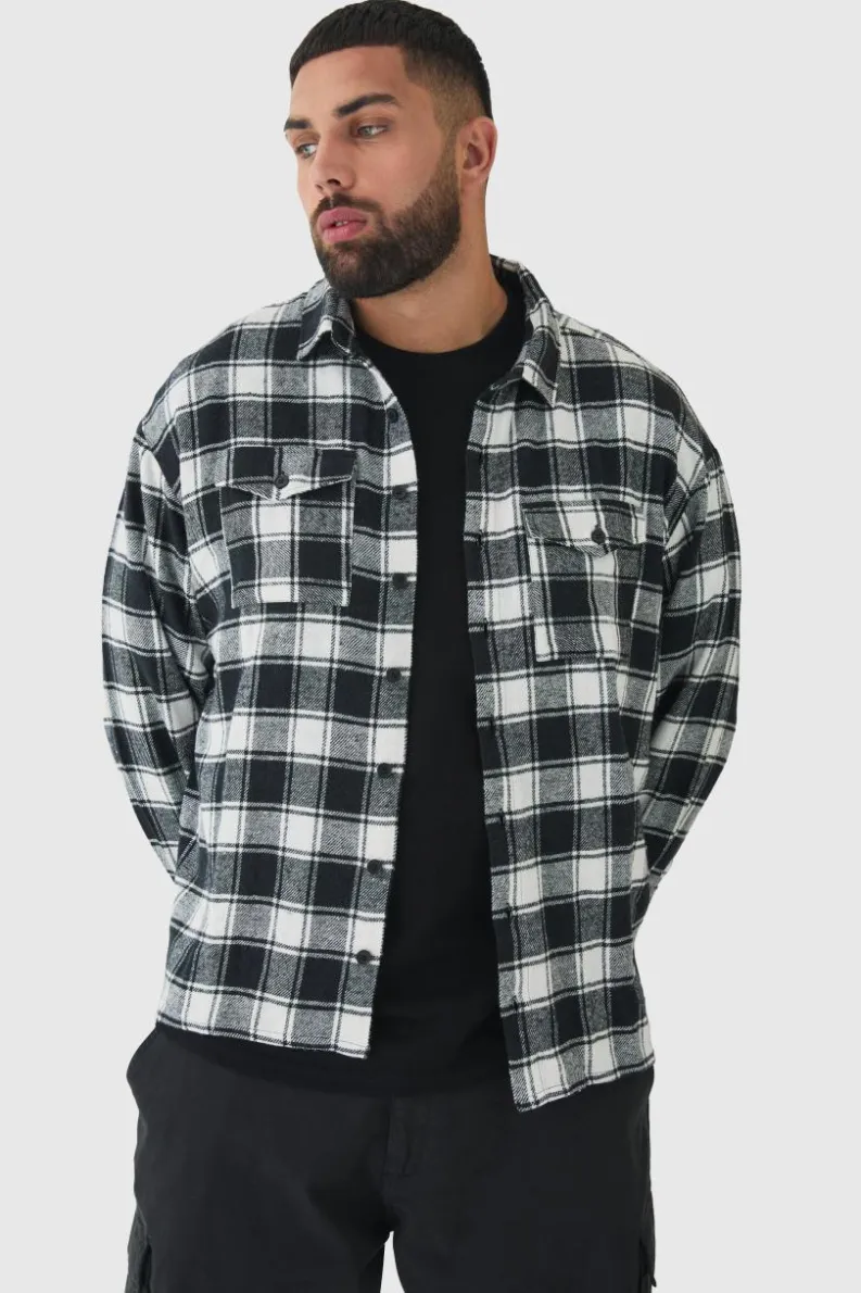 Flash Sale boohooMAN Plus Oversized Fit Large Scale Mono Brushed Checked Shirt black