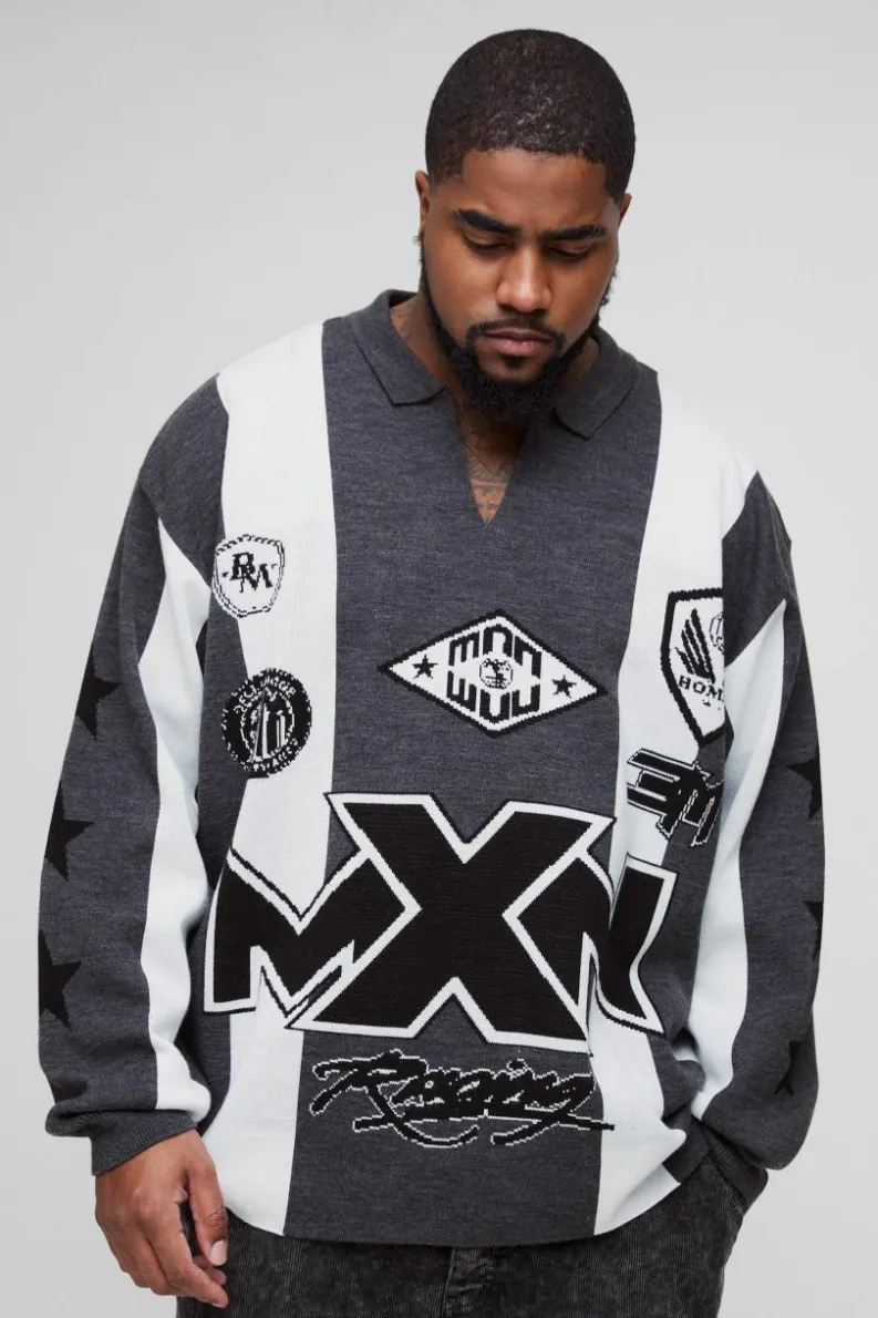 Store boohooMAN Plus Oversized Football Knitted Top black