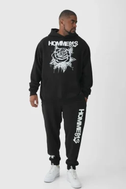 Sale boohooMAN Plus Oversized Graffiti Floral Tracksuit black