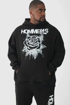 Sale boohooMAN Plus Oversized Graffiti Floral Tracksuit black