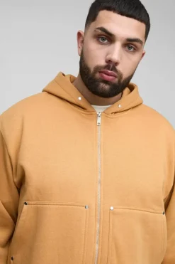Cheap boohooMAN Plus Oversized Heavyweight Boxy Zip Thru Carpenter Hoodie taupe