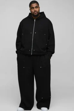 Online boohooMAN Plus Oversized Heavyweight Carpenter Wide Leg Tracksuit black