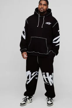 Hot boohooMAN Plus Oversized Man Graffiti Rope Drawcord Hooded Tracksuit black