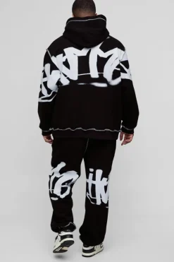 Hot boohooMAN Plus Oversized Man Graffiti Rope Drawcord Hooded Tracksuit black