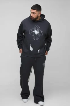 Discount boohooMAN Plus Oversized Man Paint Splatter Hooded Relaxed Flare Tracksuit black