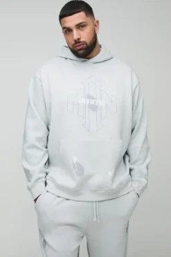 Hot boohooMAN Plus Oversized Man Paint Splatter Hoodie grey