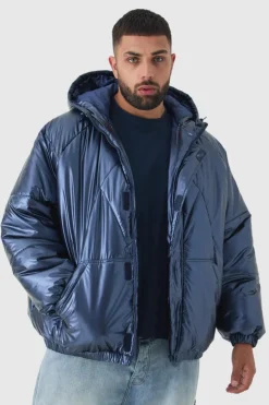 Sale boohooMAN Plus Oversized Metallic Hooded Puffer Jacket In navy