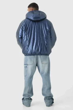 Sale boohooMAN Plus Oversized Metallic Hooded Puffer Jacket In navy