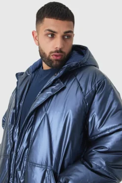 Sale boohooMAN Plus Oversized Metallic Hooded Puffer Jacket In navy