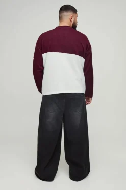Discount boohooMAN Plus Oversized Moto Knitted Long Sleeve T-Shirt burgundy