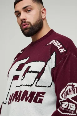 Discount boohooMAN Plus Oversized Moto Knitted Long Sleeve T-Shirt burgundy