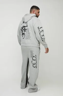 Hot boohooMAN Plus Oversized Multi Placement Graffiti Zip Through Gusset Hooded Tracksuit grey