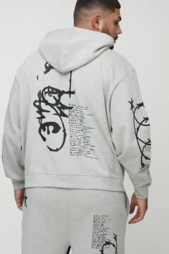 Hot boohooMAN Plus Oversized Multi Placement Graffiti Zip Through Gusset Hooded Tracksuit grey