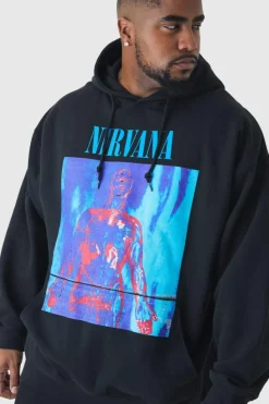 Flash Sale boohooMAN Plus Oversized Nirvana License Print Hoodie black