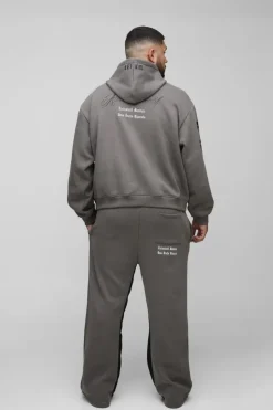 Outlet boohooMAN Plus Oversized Official Embroidery Hooded Relaxed Flare Tracksuit charcoal