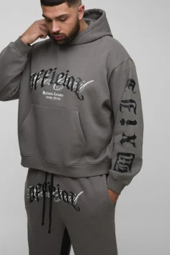 Outlet boohooMAN Plus Oversized Official Embroidery Hooded Relaxed Flare Tracksuit charcoal