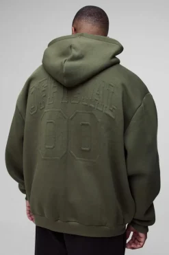 Online boohooMAN Plus Oversized Official Varsity Embossed Zip Through Hoodie khaki