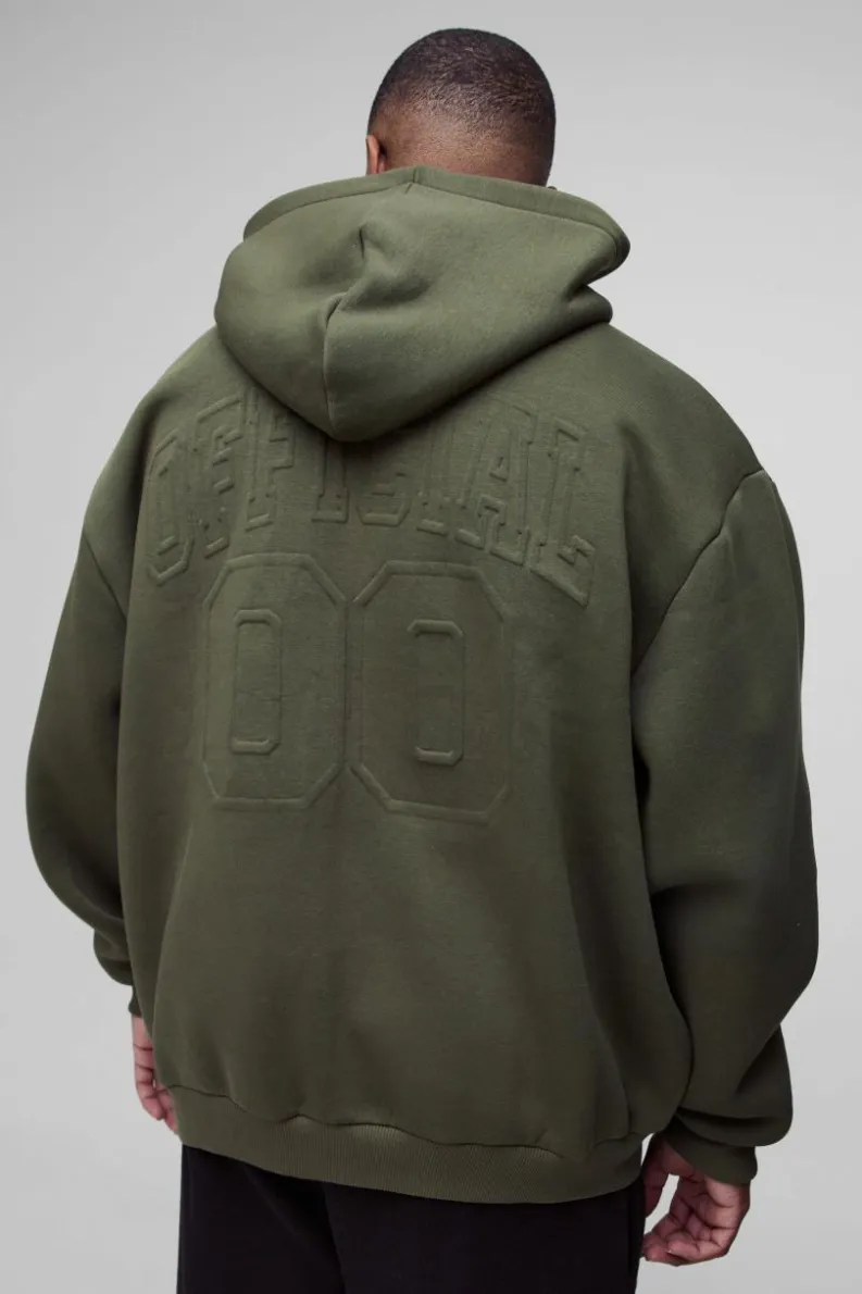 Online boohooMAN Plus Oversized Official Varsity Embossed Zip Through Hoodie khaki