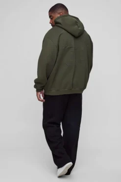 Online boohooMAN Plus Oversized Official Varsity Embossed Zip Through Hoodie khaki