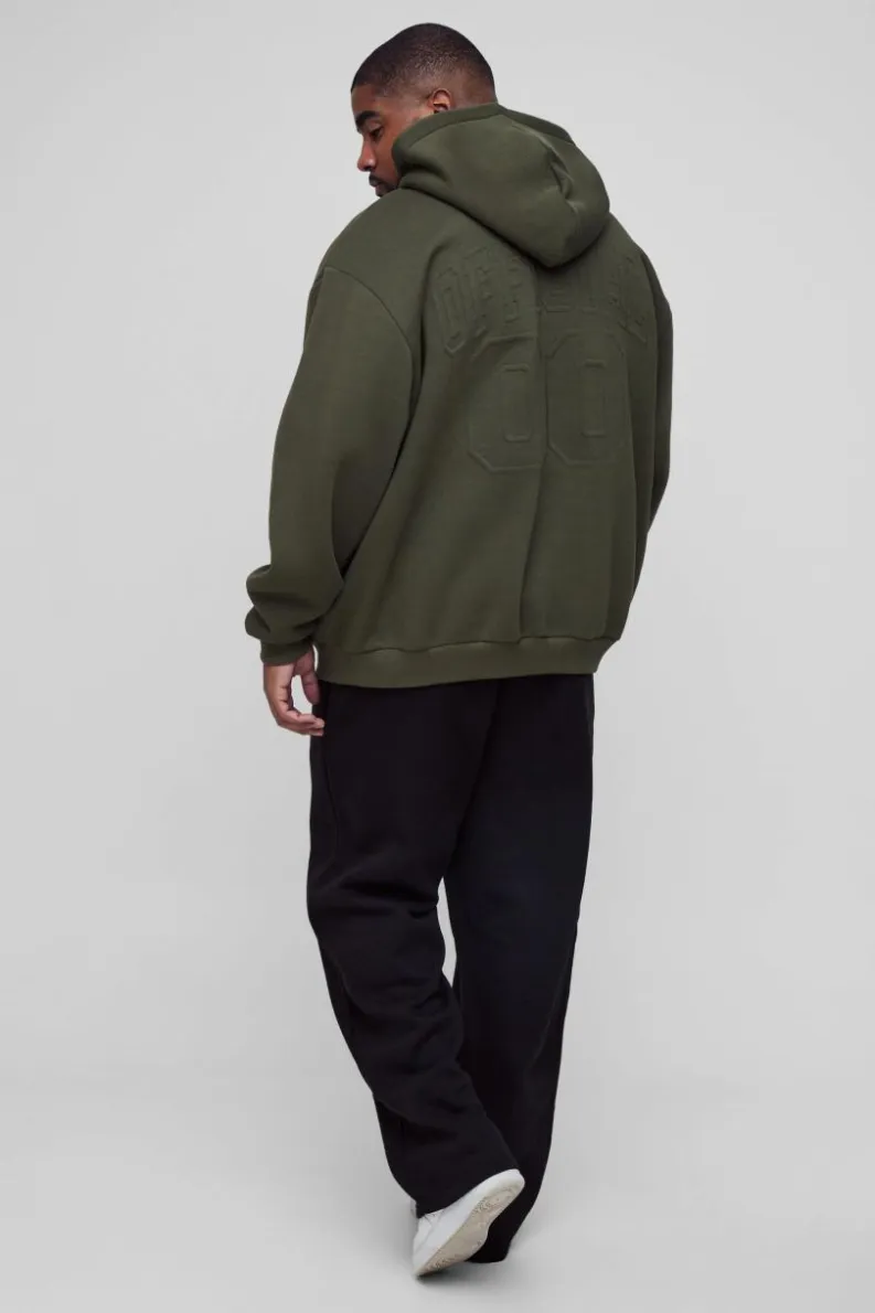 Online boohooMAN Plus Oversized Official Varsity Embossed Zip Through Hoodie khaki