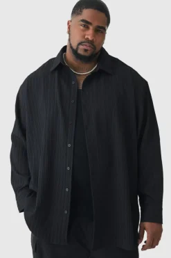 Shop boohooMAN Plus Oversized Pleated Crinkle Shirt black