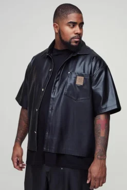 Shop boohooMAN Plus Oversized PU Pocket Detail Shirt black