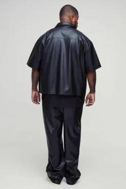 Shop boohooMAN Plus Oversized PU Pocket Detail Shirt black