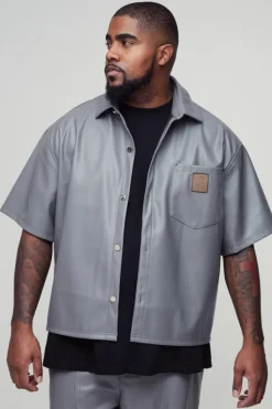 Hot boohooMAN Plus Oversized PU Pocket Detail Shirt grey