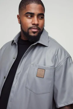 Hot boohooMAN Plus Oversized PU Pocket Detail Shirt grey