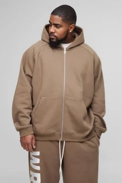 Discount boohooMAN Plus Oversized Raglan Satin Applique WRLDWD Zip Thru Hoodie brown