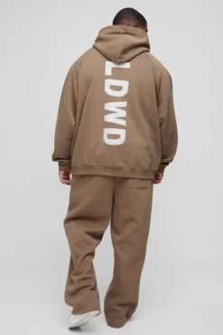 Discount boohooMAN Plus Oversized Raglan Satin Applique WRLDWD Zip Thru Hoodie brown
