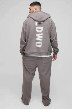 Hot boohooMAN Plus Oversized Raglan Satin Applique WRLDWD Zip Thru Hoodie charcoal