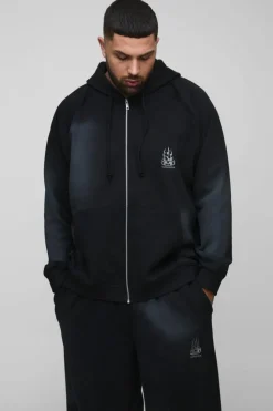 Outlet boohooMAN Plus Oversized Raglan Zip Thru Embroidered Spray Wash Hooded Tracksuit black
