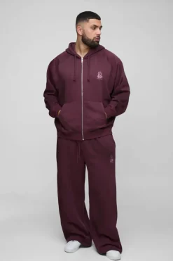 Online boohooMAN Plus Oversized Raglan Zip Thru Embroidered Spray Wash Hooded Tracksuit burgundy