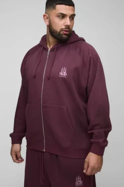 Online boohooMAN Plus Oversized Raglan Zip Thru Embroidered Spray Wash Hooded Tracksuit burgundy