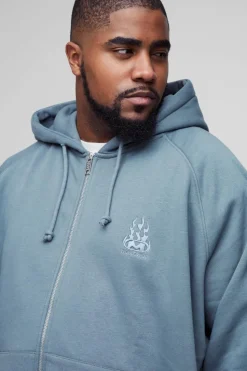 Cheap boohooMAN Plus Oversized Raglan Zip Thru Embroidered Spray Wash Hoodie charcoal