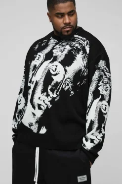 Discount boohooMAN Plus Oversized Renaissance Face Knit Jumper black