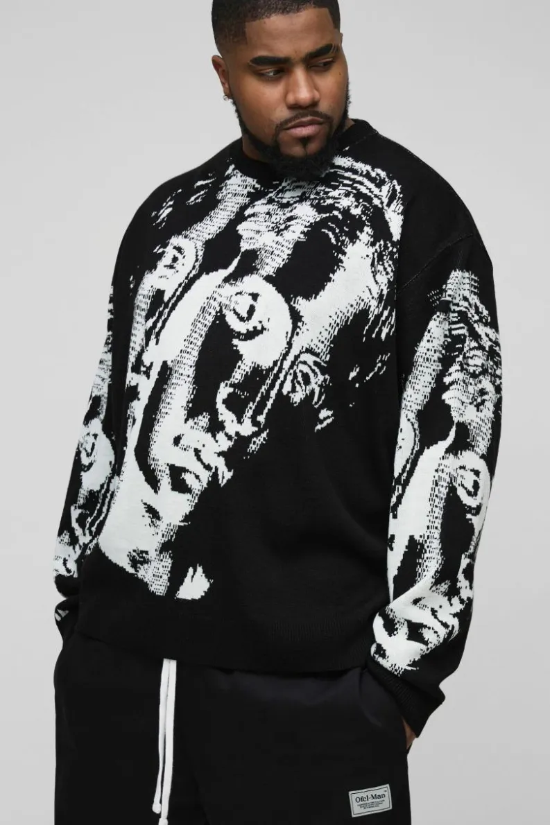 Discount boohooMAN Plus Oversized Renaissance Face Knit Jumper black
