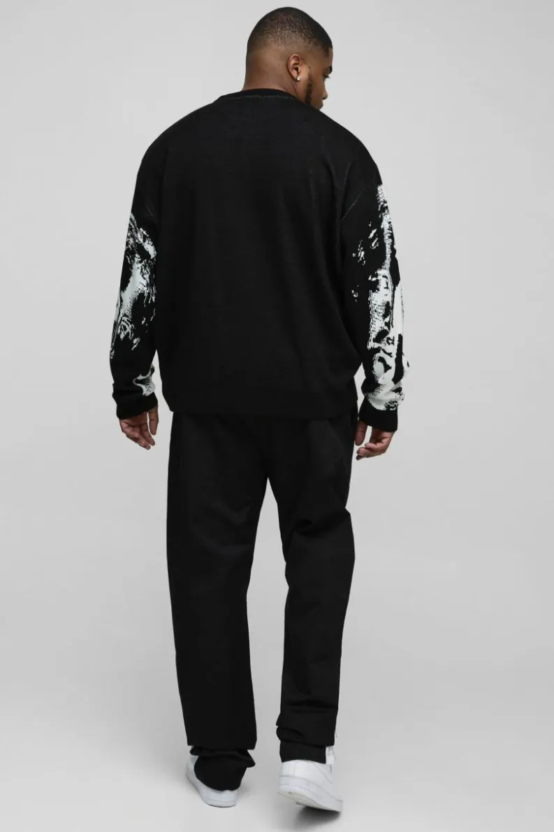 Discount boohooMAN Plus Oversized Renaissance Face Knit Jumper black